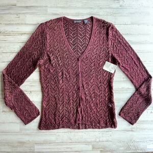 MODA International Burgundy Wine Gold Lurex Knit Cardigan Sweater SZ XL C101355